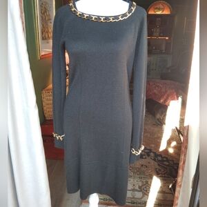 Milly NY Black Sweater Dress Gold Chain Trim Wool, Silk, Cashmere Sz S